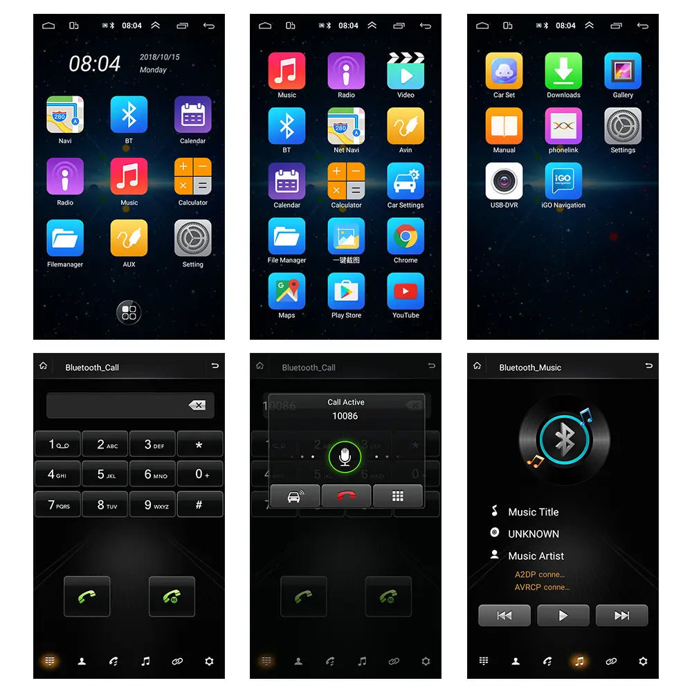 black smartphone screen displaying colorful app icons and interfaces in a large screen vehicle video player navigator featuring a video player navigator for enhanced in-car multimedia use