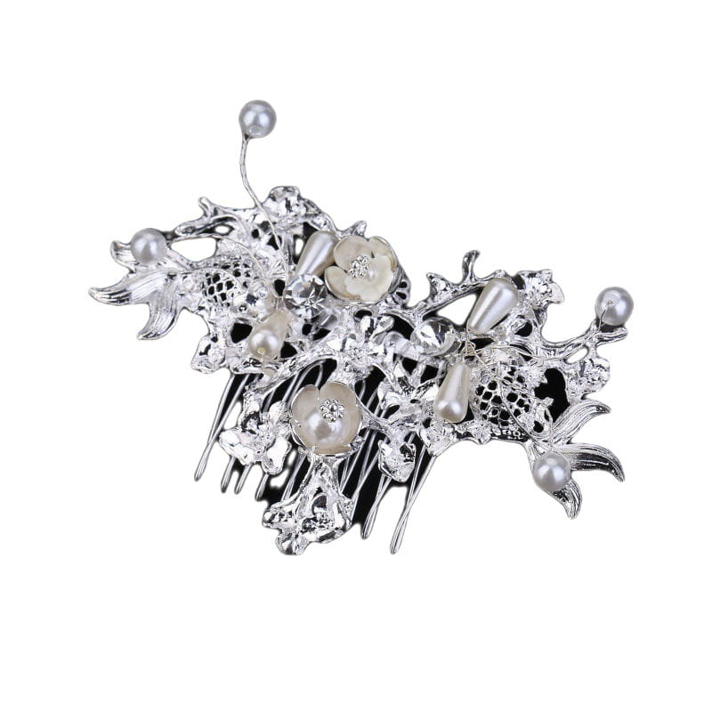 Silver floral shaking hairpin ancient style set featuring a silver hair comb adorned with pearls and crystal accents as an elegant ancient style hair accessory.