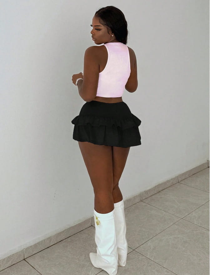 black ruffled mini skirt featuring fashionable stringy selvedge patchwork design for a hot girl fashionable look