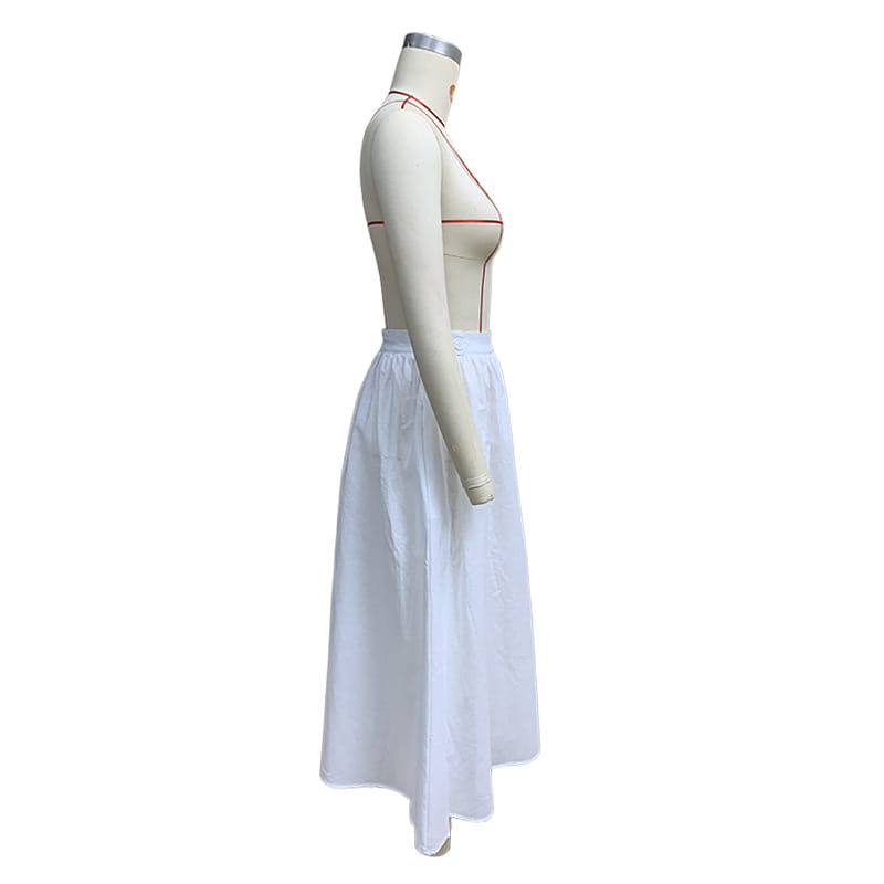 white cotton linen slimming large hem midi skirt with a fitted waistband and subtle pleats