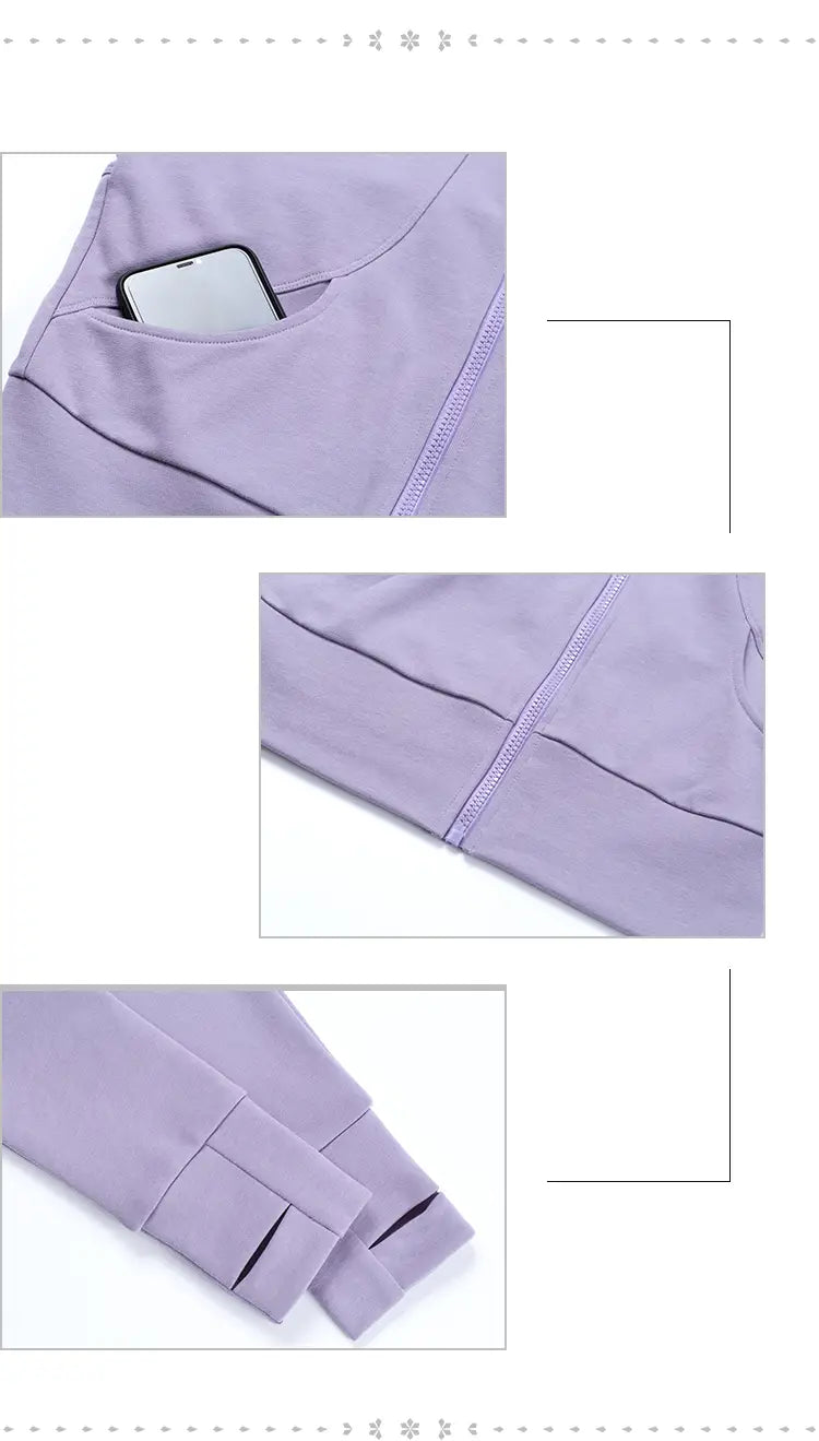 lavender-colored athletic leggings with smooth stretchy fabric and subtle seam detailing paired with an olive green cropped running sport coat for winter running sport by royale essence lux