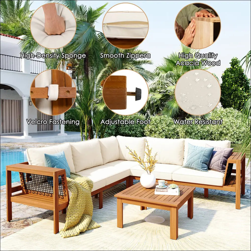 Beige outdoor sectional sofa set with acacia wood frame high-density sponge cushions and matching coffee table