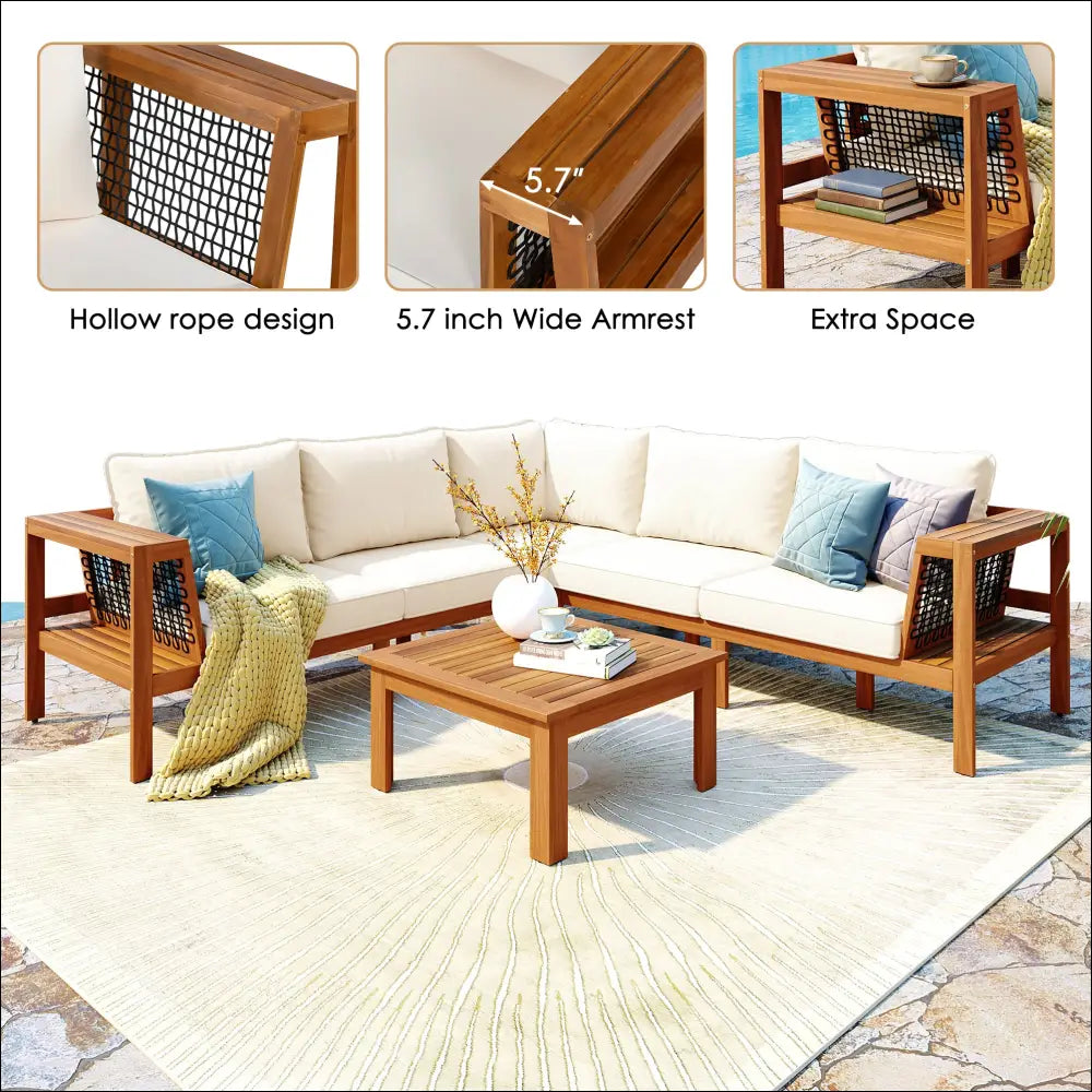 Outdoor acacia wood sofa set with cream cushions, blue accent pillows, and matching coffee table with rope armrests