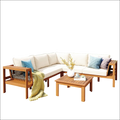 Beige outdoor sectional sofa set with acacia wood frame and woven mesh backrest with blue and gray pillows and coffee table