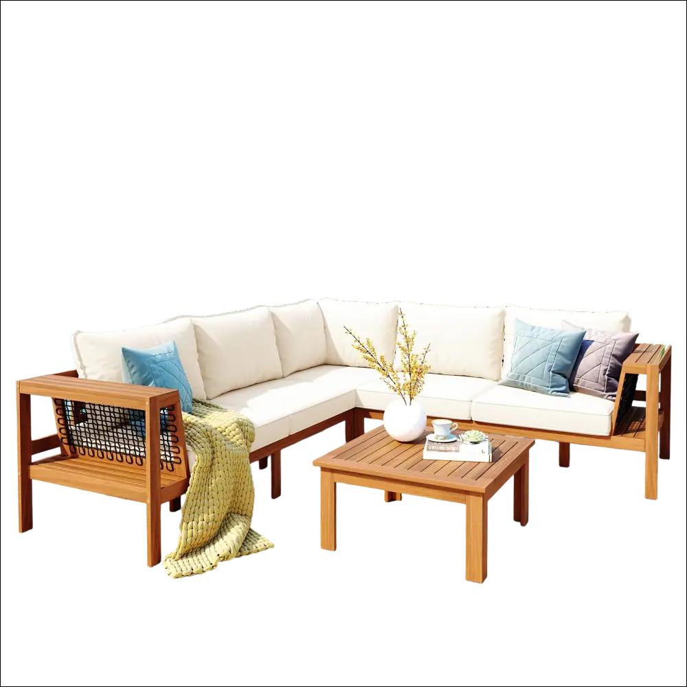 Beige outdoor sectional sofa set with acacia wood frame and woven mesh backrest with blue and gray pillows and coffee table