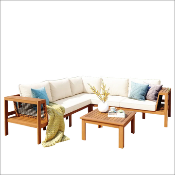 Beige outdoor sectional sofa set with acacia wood frame and woven mesh backrest with blue and gray pillows and coffee table