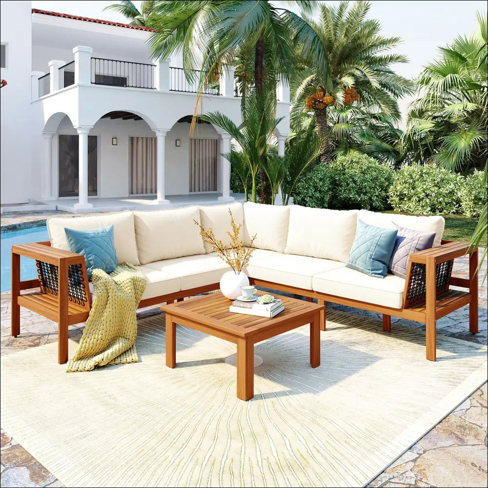 Beige outdoor sectional sofa set with acacia wood frame and woven mesh sides paired with matching coffee table