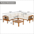 Acacia wood outdoor sofa set with cream cushions and woven mesh side panels including a matching coffee table
