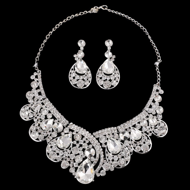silver rhinestone choker necklace with teardrop and floral designs made from korean super alloy for elegant jewelry sets in the united states korean market