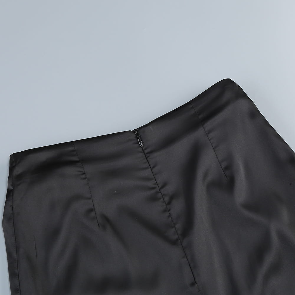 black satin skirt from a one-shoulder slit mop black dress two-piece set featuring a sleek high-waisted design with subtle front pleats and set sexy lacing details.