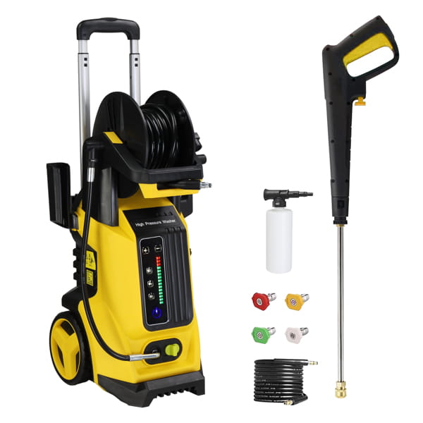 Yellow and black high pressure cleaning machine with retractable hose reel, ergonomic handle, and multiple nozzle attachments for versatile pressure cleaning tasks.