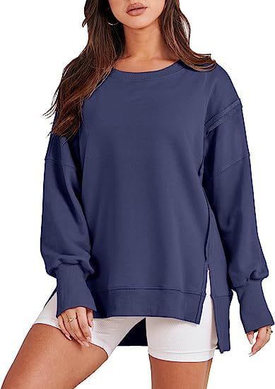 Navy blue solid oversized sweatshirt crew neck with side slits and ribbed cuffs for casual wear