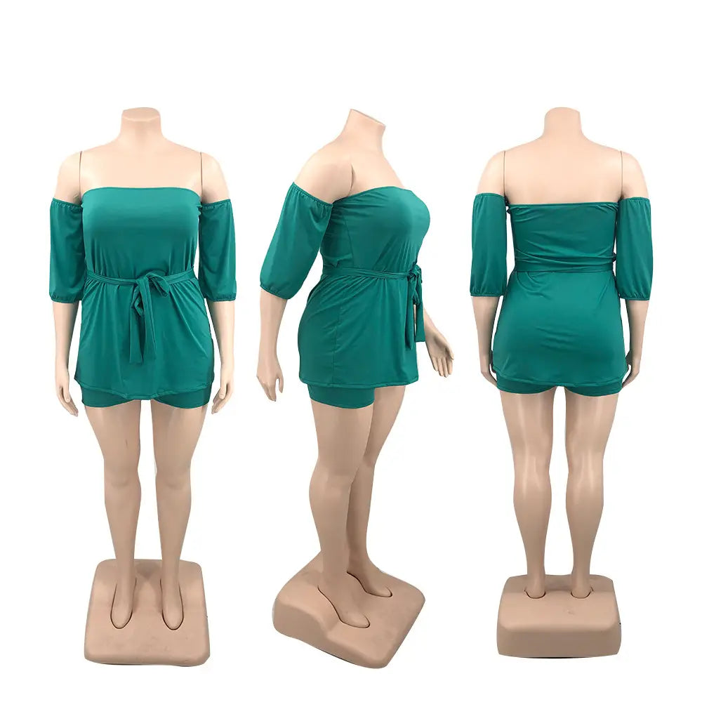 plus size ladies teal off the shoulder romper with three quarter sleeves and a tied waistband offering comfort stretch shorts style and elegant design