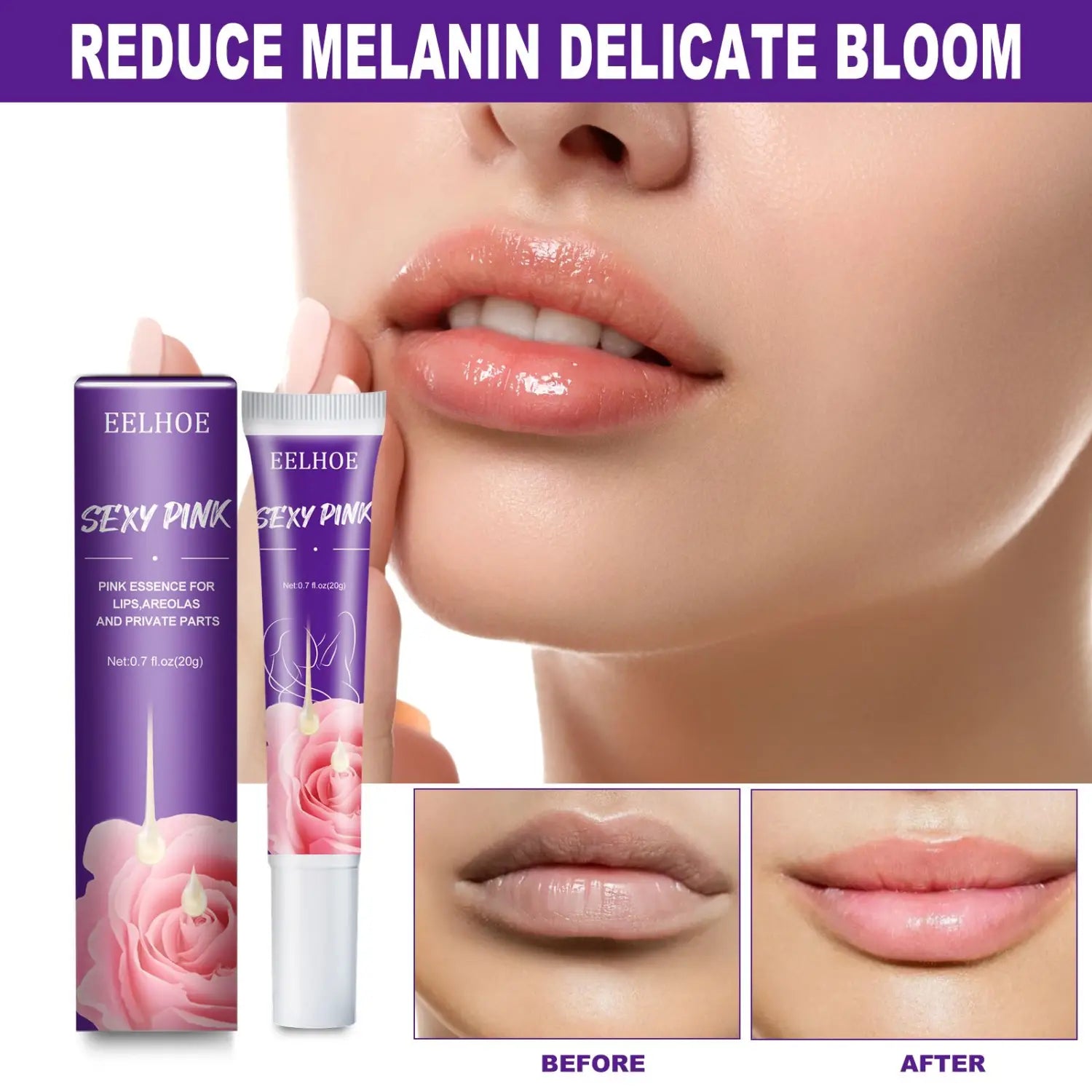 Purple and white tube of eelhoe rejuvenator areola intimate pink lip essence with rose design for areola intimate area care.