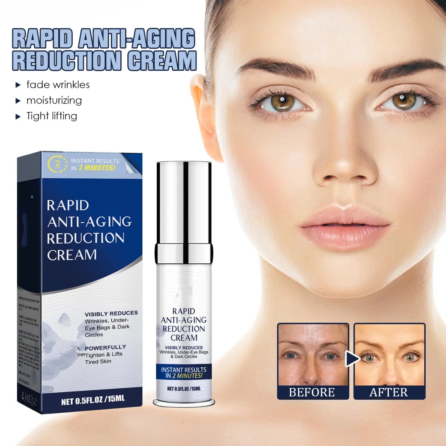 Silver-topped transparent glass bottle of moisturizing cream lifting and tightening fine lines with sleek metallic finish and blue packaging designed for fine lines repair.