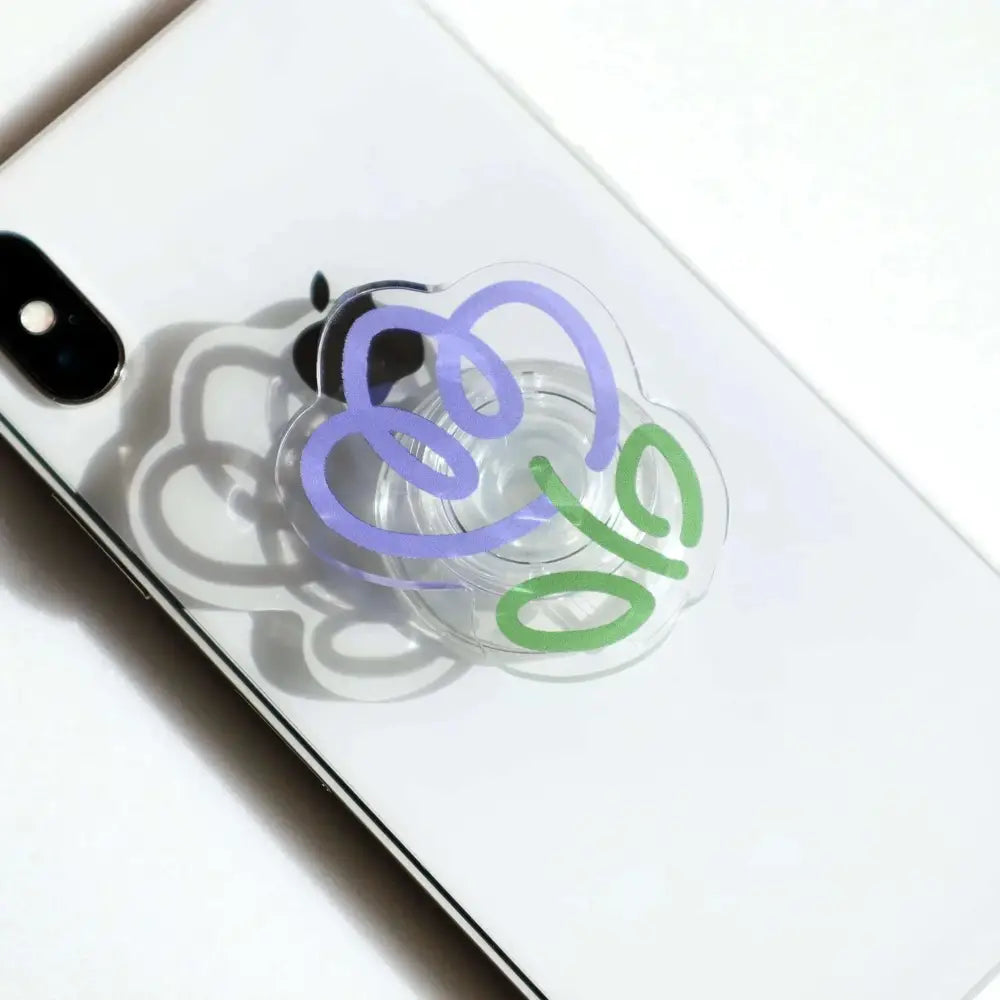Clear acrylic tulip phone grip stand holder with purple and green cartoon face design for secure grip and use