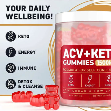 A clear jar of vibrant red bear-shaped soft candy gummies labeled acv ketone 1500mg with 60 count gummies