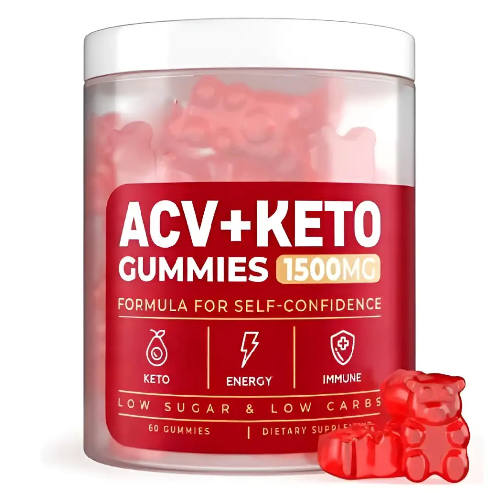 Red bear-shaped soft candy gummies acv ketone 1500mg in a clear plastic jar with white lid 60 count bottle