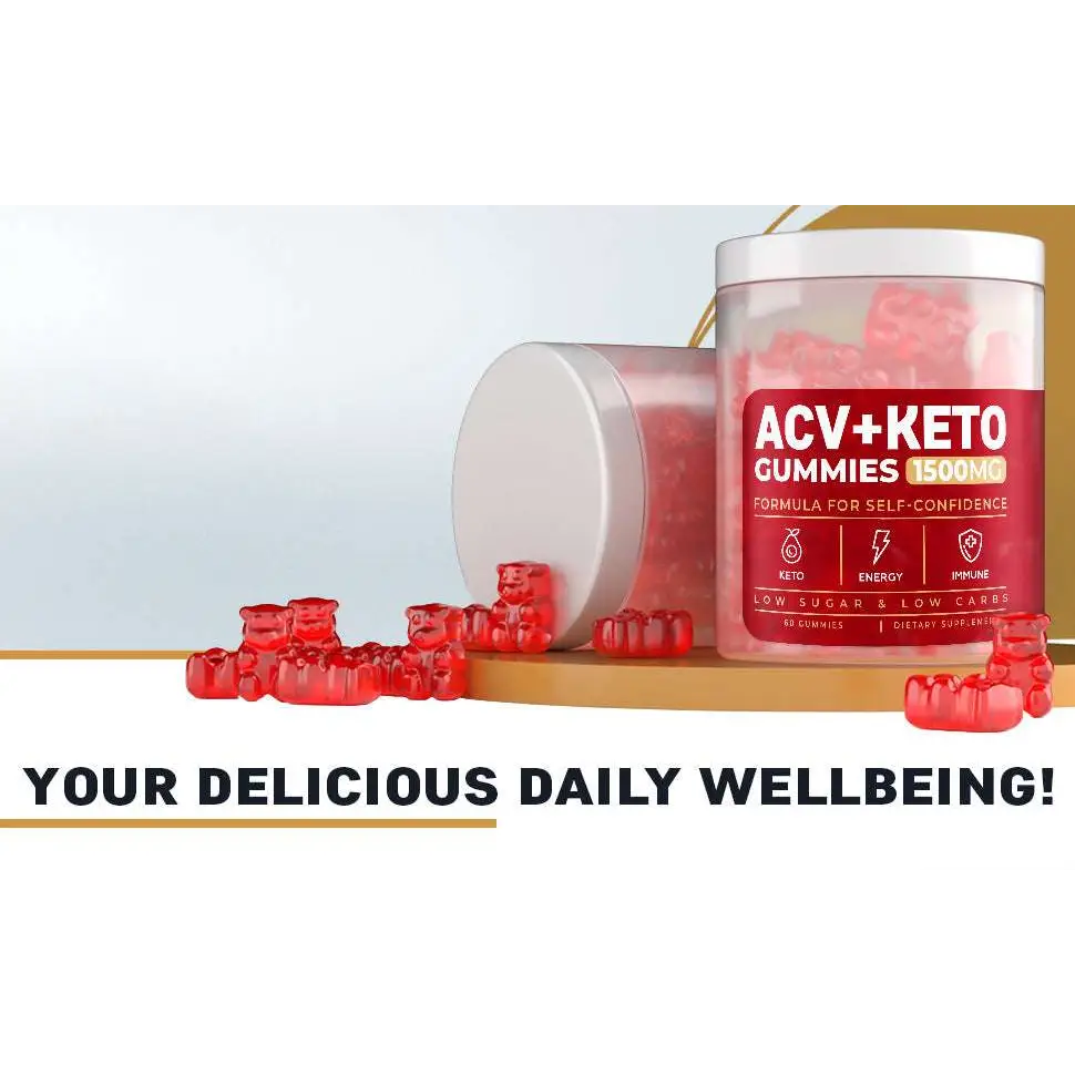 Red bear-shaped soft candy acv ketone 1500mg gummies in a clear plastic jar with white lid 60 count