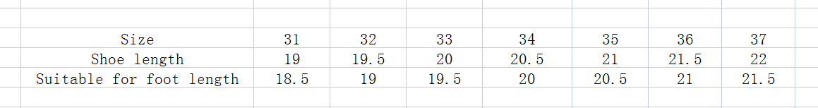 a table displaying shoe size conversions and foot lengths for sizes 31 through 37 of rhinestone bow girl soft-soled net red beach shoes