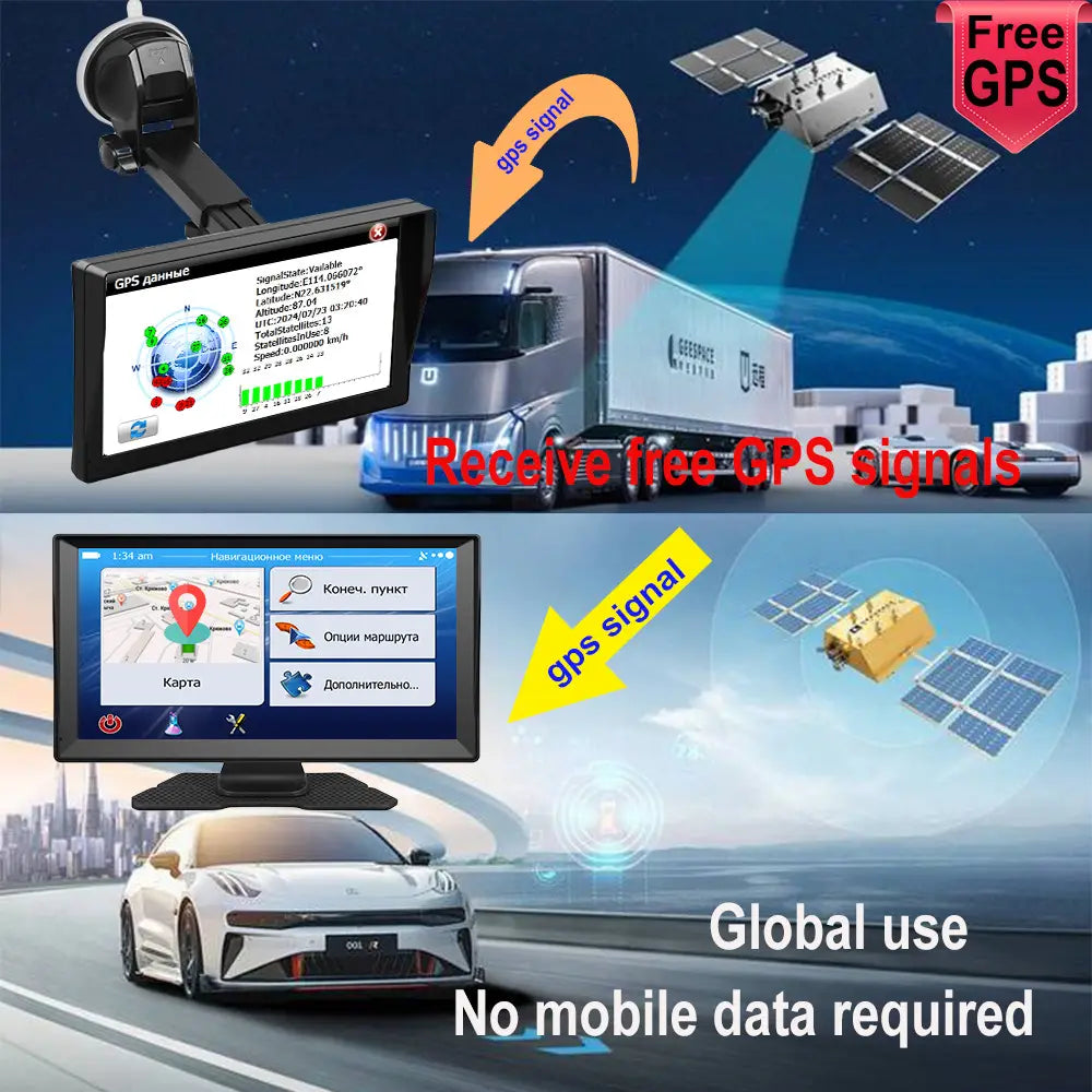 Black gps navigator car portable device with suction cup mount and 9-inch large digital display showing satellite signal data for portable truck large screen navigation.