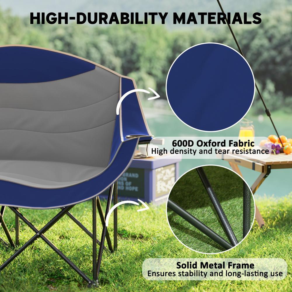 Padded Folding Double Camp Chair – 551 lb Capacity, Blue, Armrests, Cup Holders