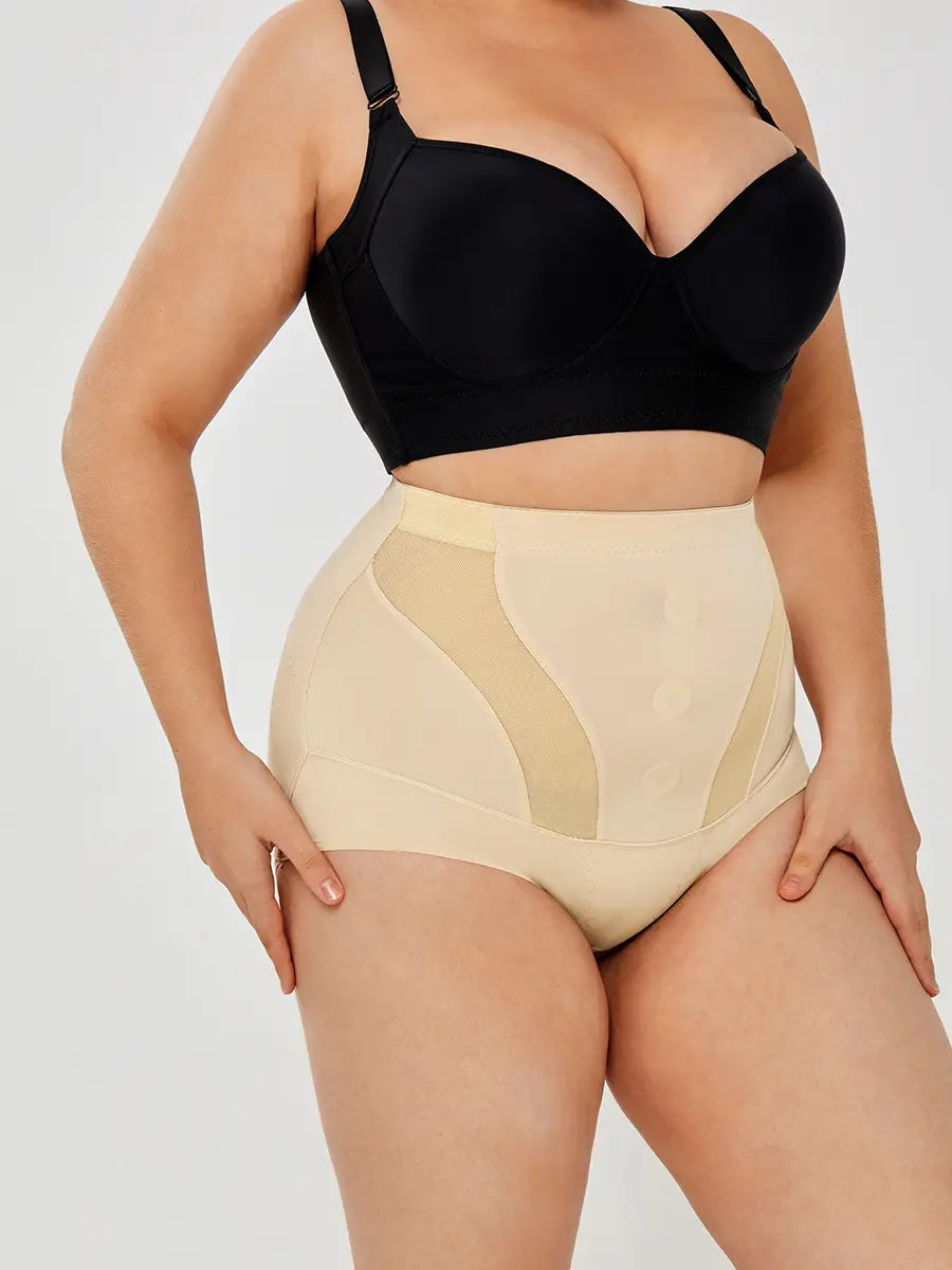 Beige womens tummy control high waist mesh body shaper with sheer mesh panels and black strap bra top.