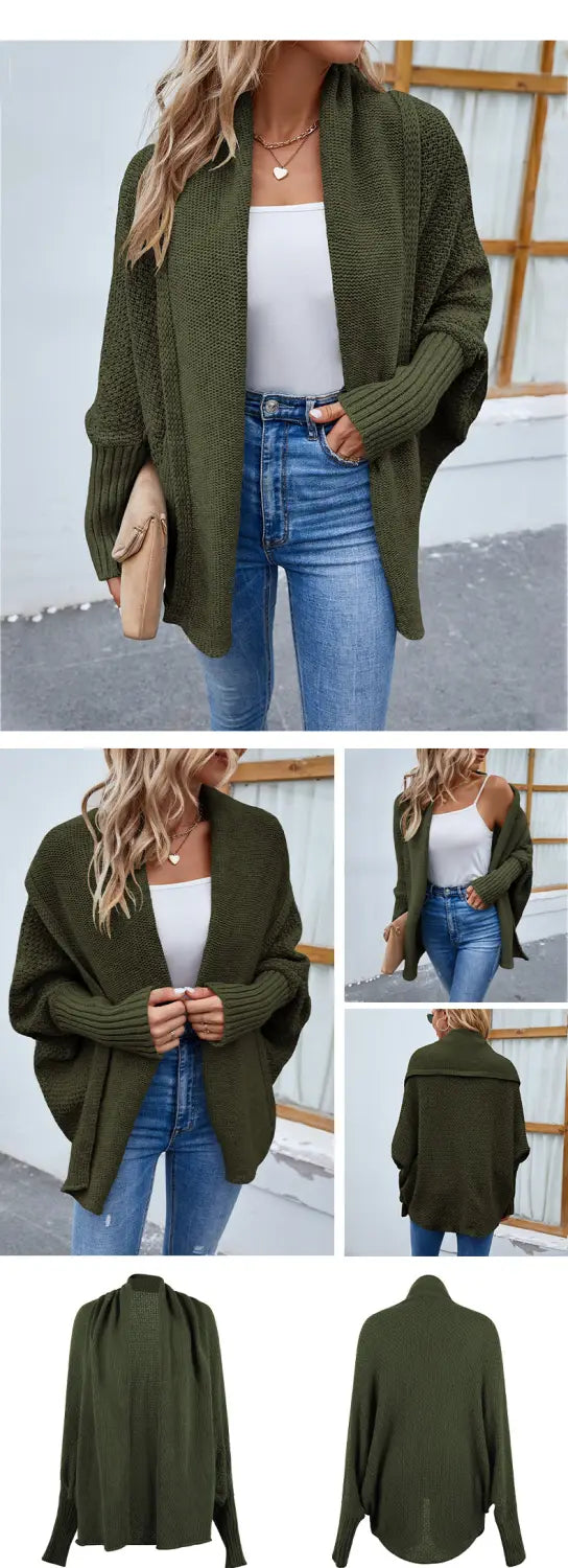 Gray loose knitted sweater solid color cardigan with olive green knitted fabric, featuring a loose draped fit and ribbed cuffs.