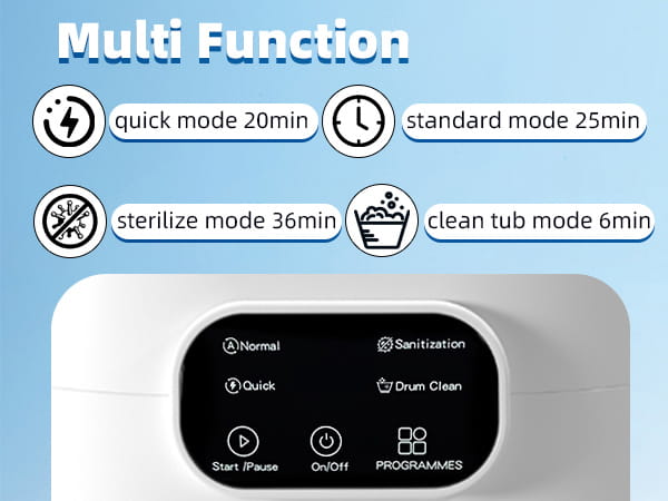 Portable white mini underwear washing machine with a black control panel featuring labeled buttons for various cleaning modes designed for efficient underwear washing.