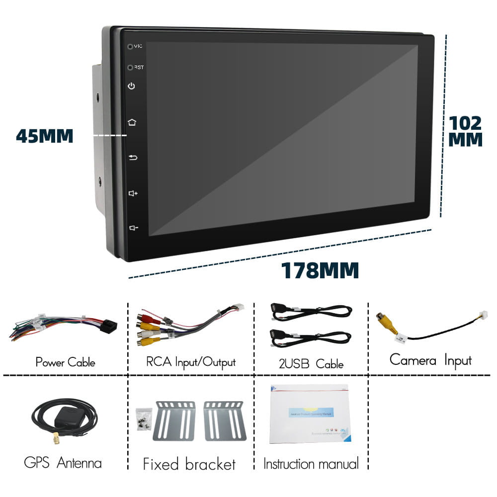 black 10.2-inch universal carplay mp5 navigation integrated radio with touchscreen display and built-in navigation system featuring a sleek rectangular design and integrated control buttons on the left side panel including power, home, back, volume, and source selection.