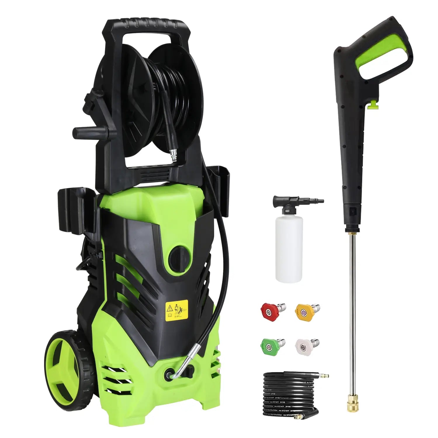 Green and black high pressure cleaner with wheels, coiled hose reel, spray gun, nozzle attachments, and detergent bottle for effective pressure cleaning.