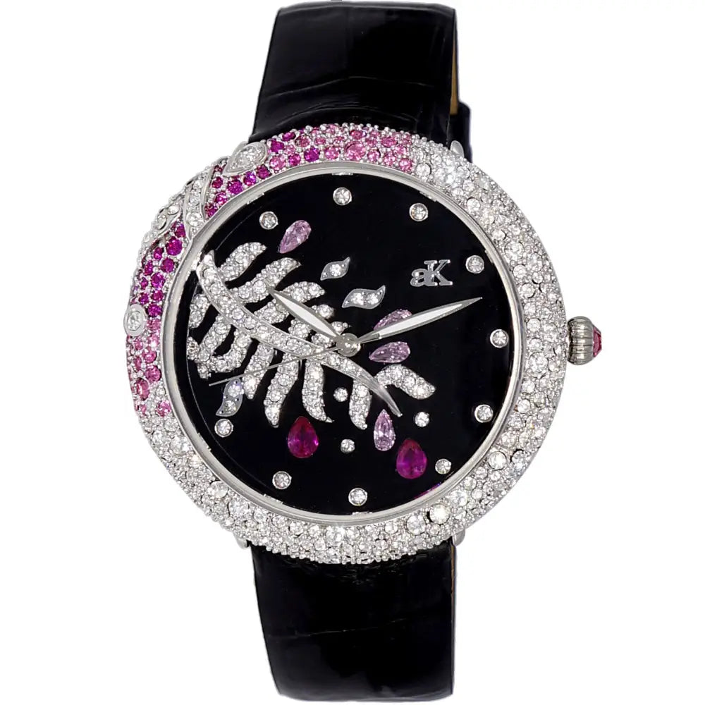 Elegant black adee kaye luxury women’s fashion watch with diamond and ruby floral face and black leather strap