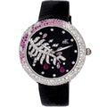 Adee Kaye luxury women’s fashion watch with black leather strap silver case and diamond ruby floral design face
