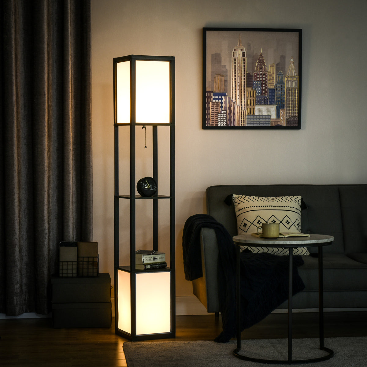 Modern shelf floor lamp with dual ambient light and storage shelves
