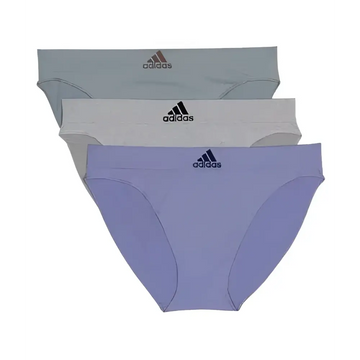 Three pairs of adidas womens seamless bikini underwear in pastel gray white and lavender with comfortable fit