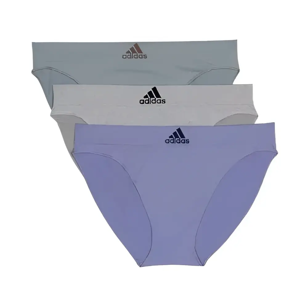 Three pairs of adidas womens seamless bikini underwear in pastel gray white and lavender with comfortable fit
