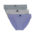 Three pairs of adidas womens seamless bikini underwear in pastel gray white and lavender with comfortable fit