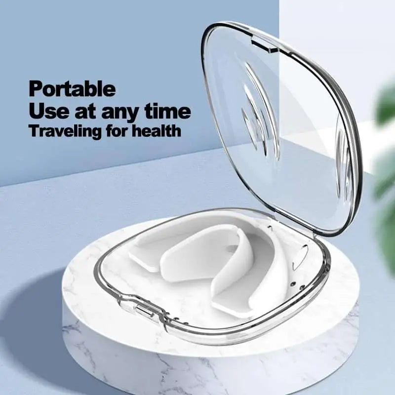 Clear plastic case containing a white adjustable anti snoring mouth guard used as an effective anti snoring device