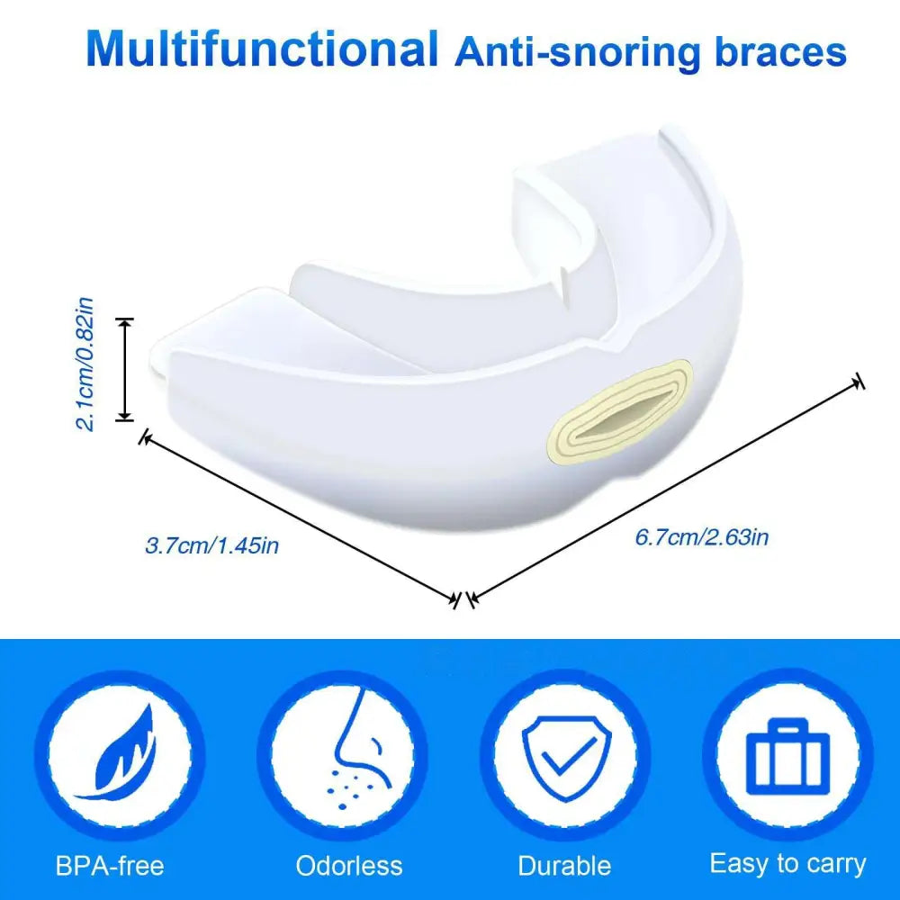 Adjustable anti snoring white plastic multifunctional mouth guard with soft contoured design and inner yellow cushion