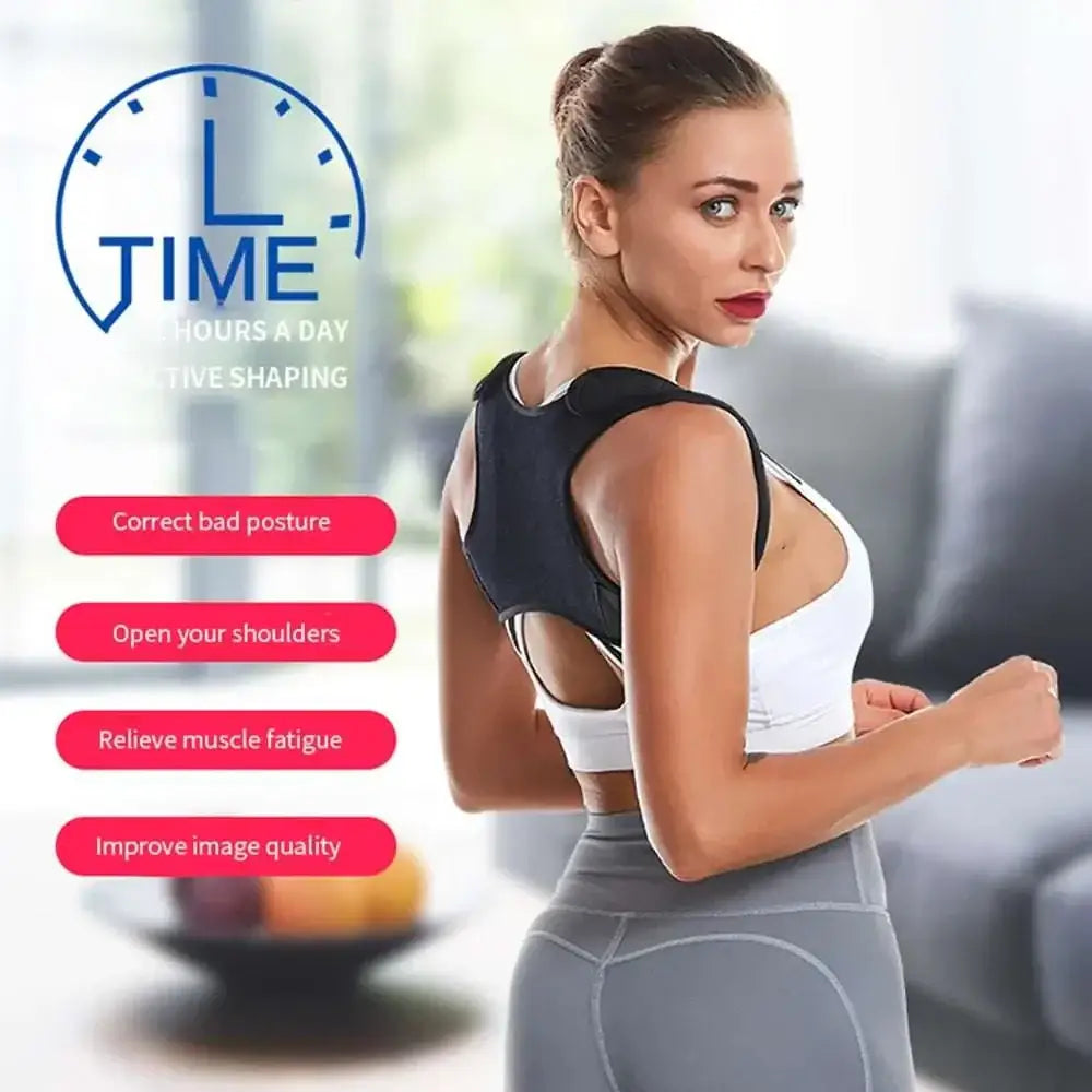 Black ergonomic posture corrector with adjustable straps and contoured design for support belt in luxury women’s fashion