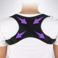 Adjustable black posture corrector back support belt with purple arrow graphics for luxury women’s fashion use