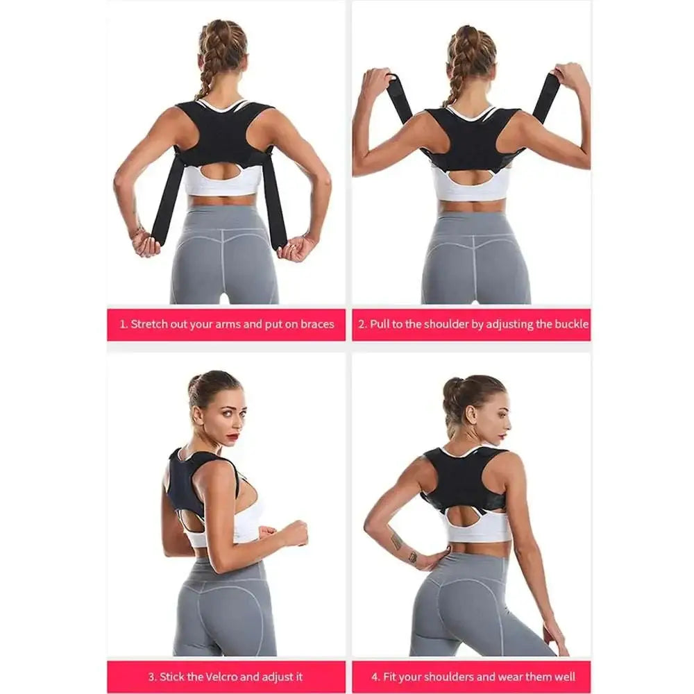 Black adjustable posture corrector with shoulder straps and velcro fastening support belt for luxury women’s fashion