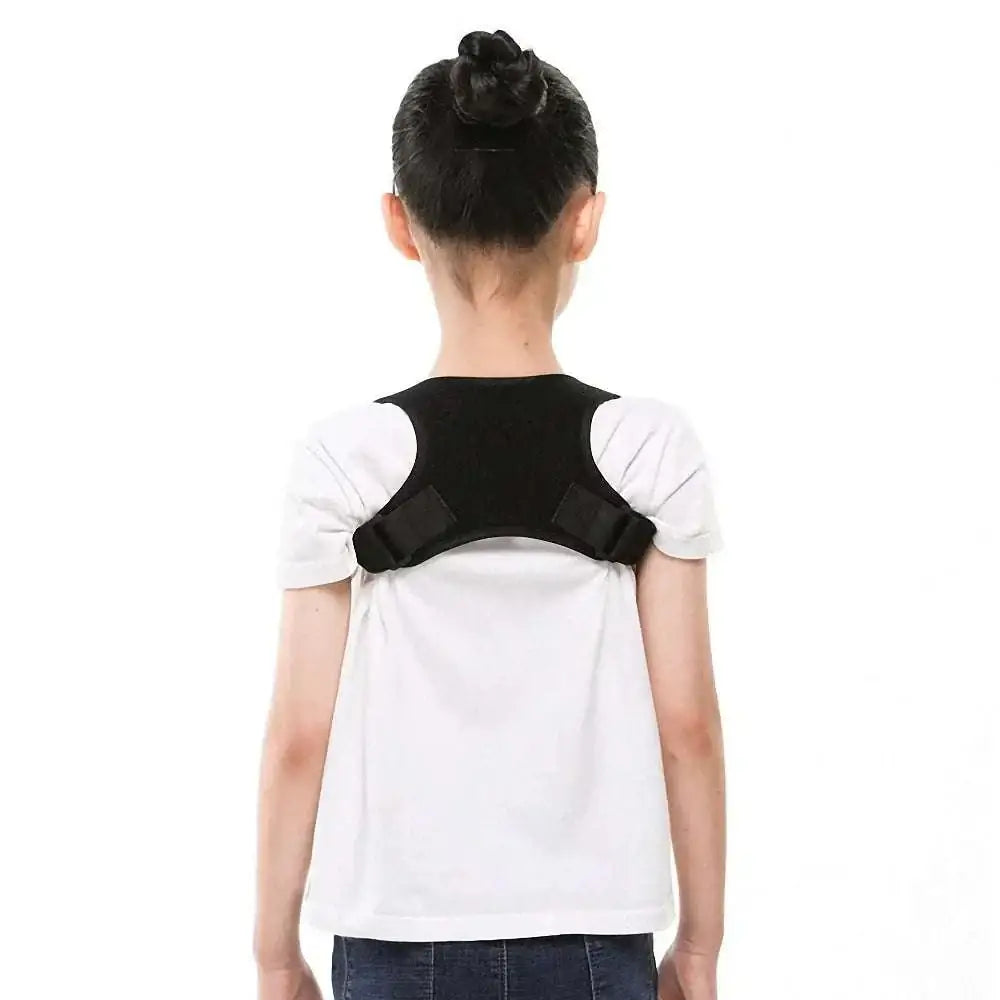 Black adjustable posture corrector support belt worn over white shirt for luxury women’s fashion and back support