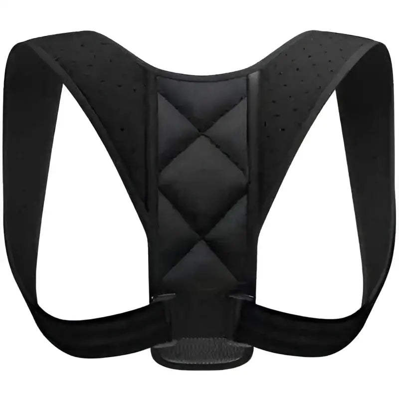 Black quilted adjustable posture corrector with central buckle support belt for luxury women’s fashion and back support