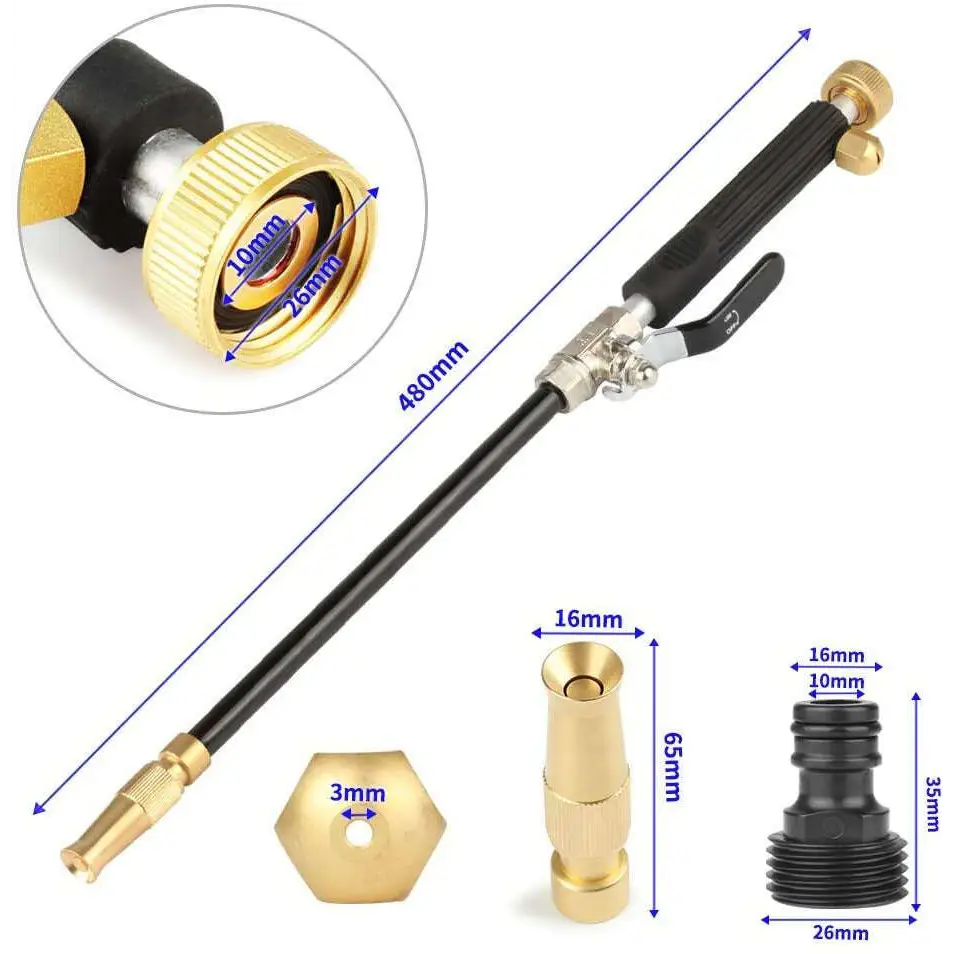 Adjustable black and gold car wash water gun with textured grip handle brass fittings for versatile water pressure control