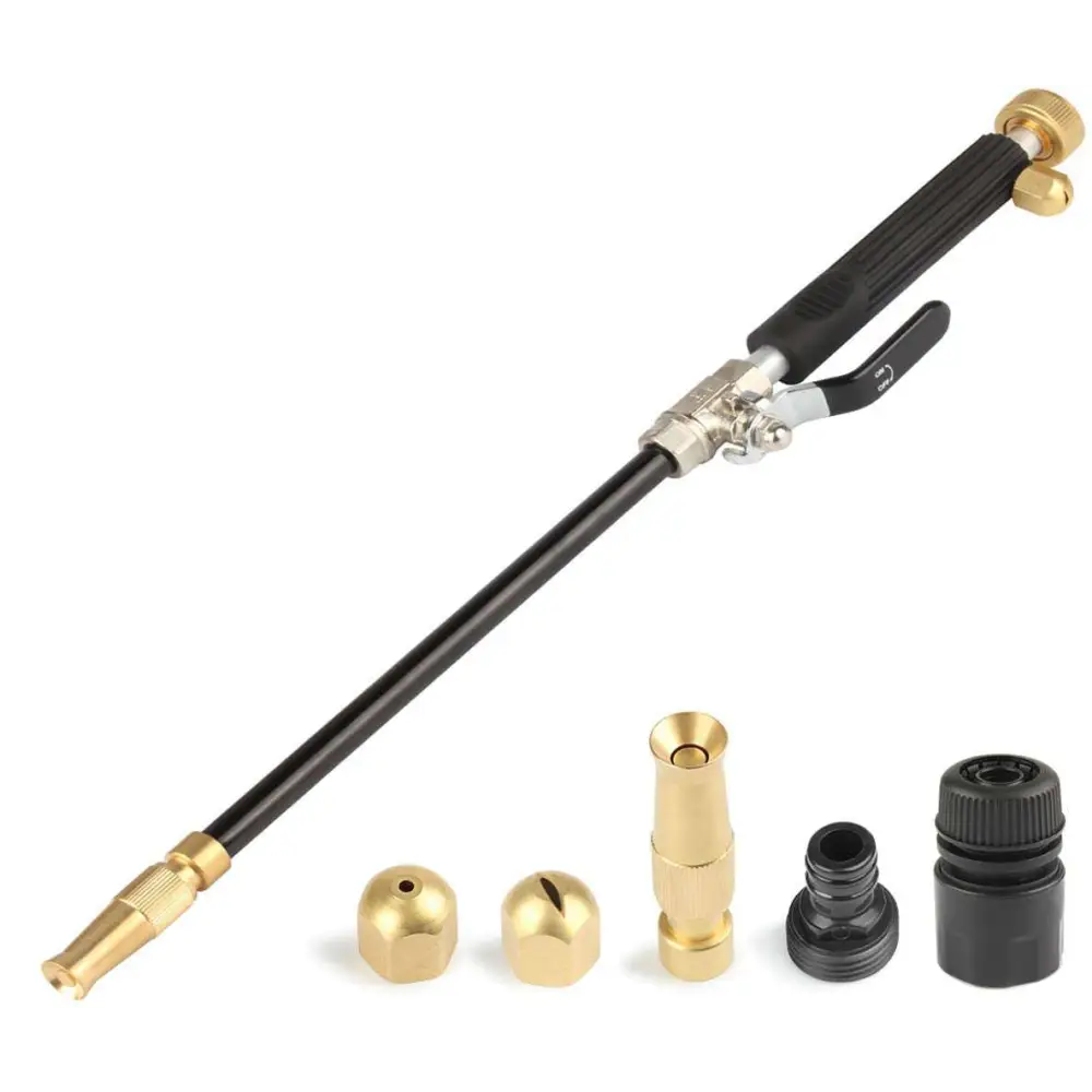 Adjustable black and gold car wash water gun with interchangeable attachments and textured grip handle for garden use