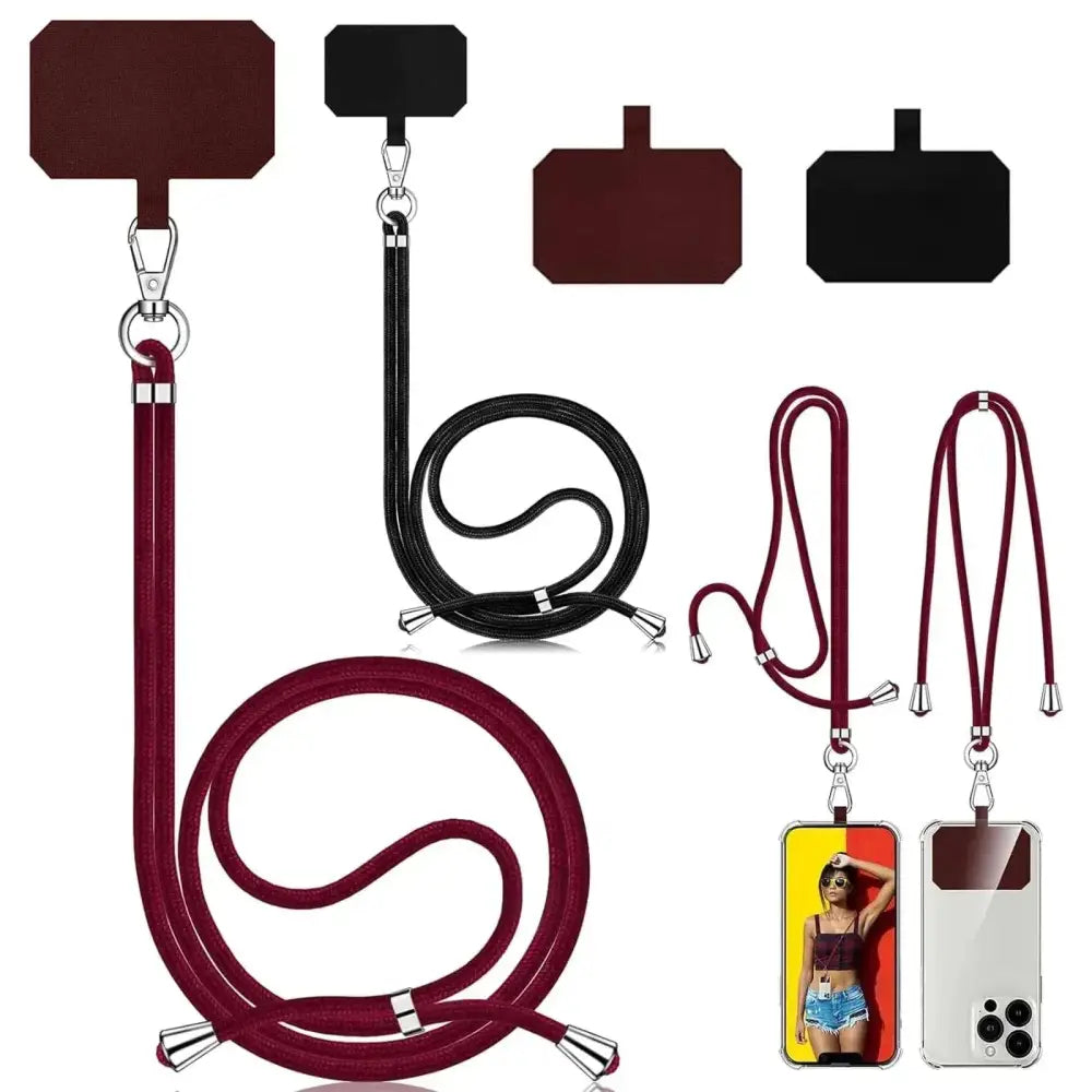 Adjustable cell phone lanyard 2 pack in burgundy and black nylon with silver clasps by yonnaxo for secure carrying