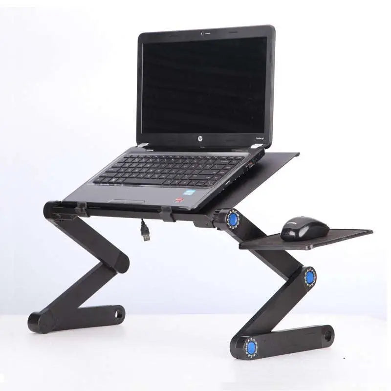 Black adjustable folding ergonomic laptop table stand with blue-accented joints and built-in mouse tray