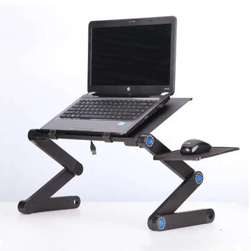 Black adjustable folding ergonomic laptop table stand with blue-accented joints and built-in mouse tray
