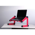Bright pink adjustable folding ergonomic laptop table stand with black accents and blue joints supporting black hp laptop